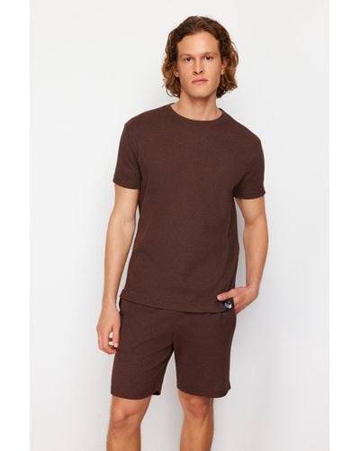 Trendyol Es pyjama-set mit waffelstrick-shorts in normaler passform - Braun