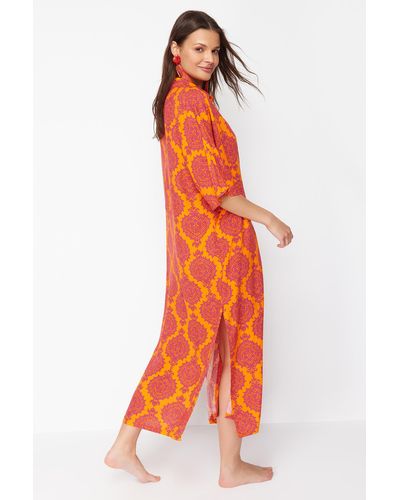 Trendyol Midi-strandkleid aus gewebtem stoff mit weitem schnitt und ethnischem muster - Orange