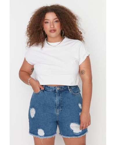 Trendyol Dunkele jeansshorts im destroyed-stil mit hoher taille und bermuda - Weiß