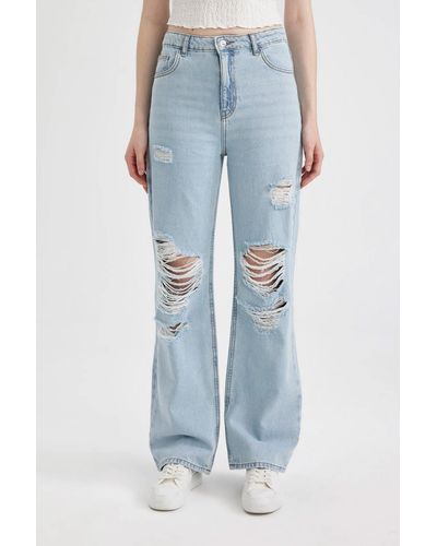 Defacto Lange jeans mit hoher taille und zerrissenem detail im 90er-stil c2376ax24hs - Blau