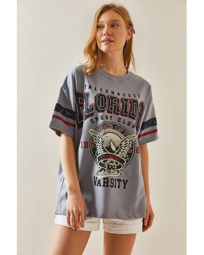 XHAN Es bedrucktes oversize-t-shirt mit rundhalsausschnitt -03 - Grau