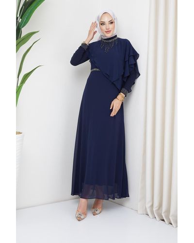 Olcay Chiffon-hijab-abendkleid mit stein- und schwungraddetails, - Blau