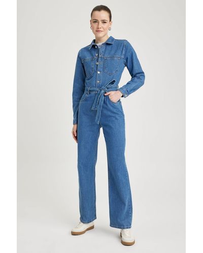 Defacto Jeans-jumpsuit aus 100 % baumwolle mit gürtel - Blau