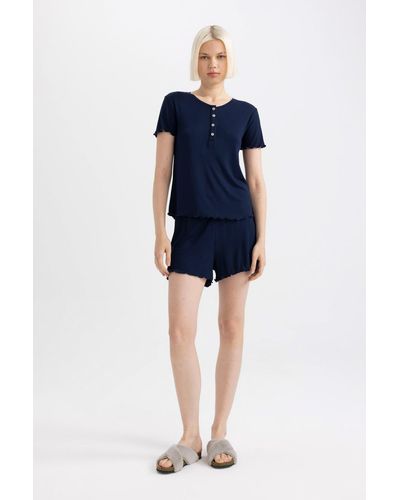 Defacto Fall in love – geripptes pyjama-set mit kurzärmligen shorts - Blau