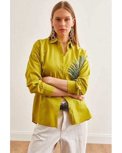 Olalook Öles, übergroßes popeline-hemd mit palmen-paillettendetail - Gelb