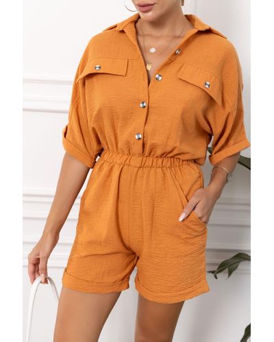 armonika Overall mit fledermausärmeln und taschen, elastischer taille und shorts - Orange