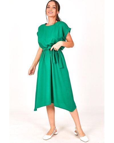 armonika Es kleid mit elastischer taille und bindeband - Grün