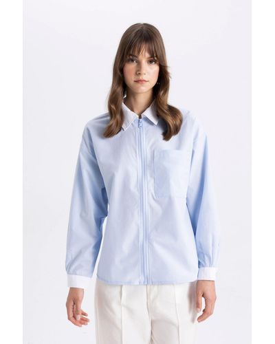 Defacto Relax fit hemdkragen popeline langarm tunika mit reißverschluss - Blau
