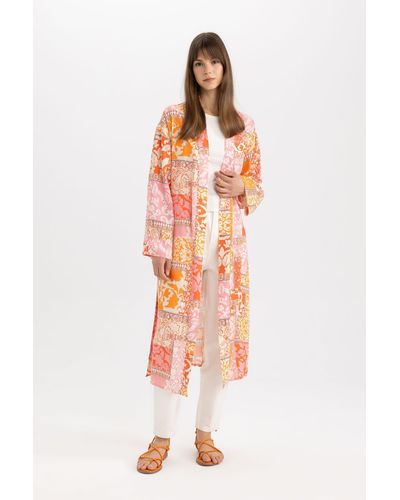 Defacto Relax fit leak collar bedruckter kimono - Weiß