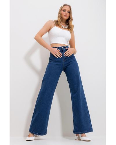 Trend Alaçatı Stili E palazzo-jeanshose aus lycra mit fünf taschen alc-x11757 - Blau
