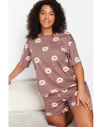 Trendyol Es pyjama-set aus baumwollstrick mit teddybär-aufdruck - Braun