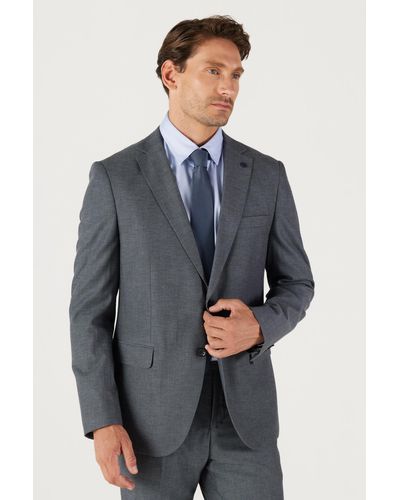 ALTINYILDIZ CLASSICS Anthrazitfarbener slim-fit-anzug mit schmalem schnitt, klassischer dobby-anzug mit monokragen - Blau