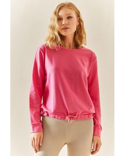 XHAN Farbenes sweatshirt mit rundhalsausschnitt und kordelzug -20 - Pink