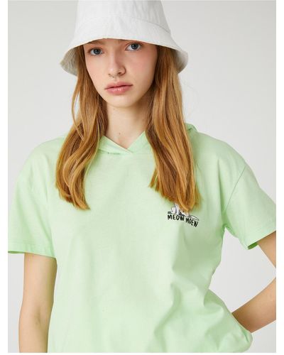Koton T-shirt mit kapuze, baumwolle, kurzärmelig, mit katze bedruckt - Grün