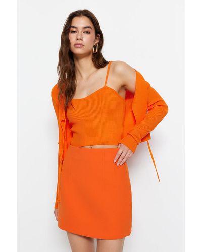 Trendyol Farbenes strickset aus bluse und strickjacke mit bindedetail - Orange