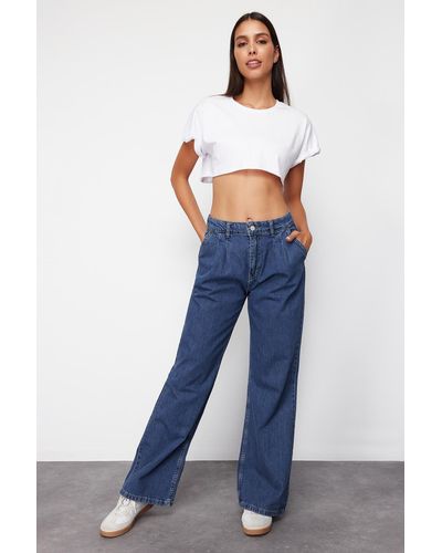 Trendyol E jeans mit weitem bein und hoher taille und falten - Blau