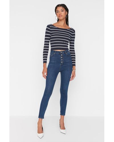 Trendyol Marineblaue skinny jeans mit knopfleiste vorn und hoher taille