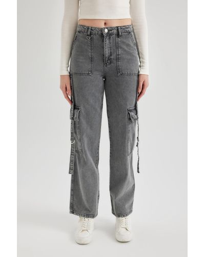 Defacto Lange cargo-jeans mit weitem bein und hoher taille - Grau