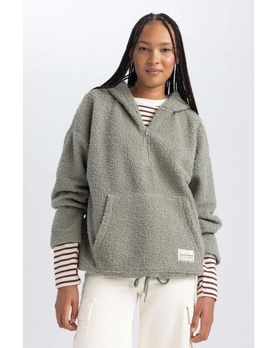 Defacto Übergroßes plüsch-sweatshirt mit kapuze und kängurutasche und halbem reißverschluss - Grau