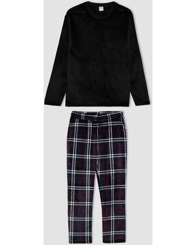 Defacto Langarm-pyjama-set aus fleece in normaler passform a3449ax23au - Schwarz