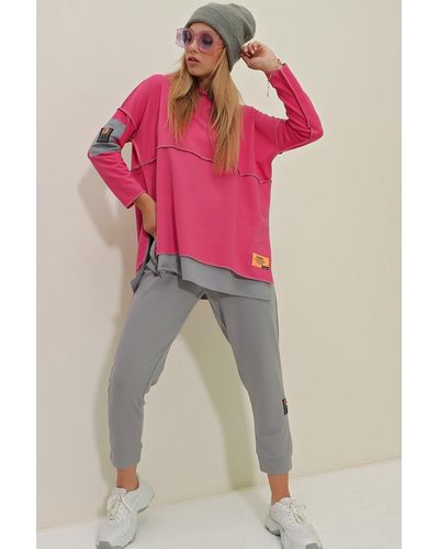Trend Alaçatı Stili Doppelset aus mehrlagigem kapuzenpullover und jogginghose in - Pink