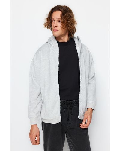 Trendyol Meliertes, übergroßes/weit geschnittenes baumwoll-sweatshirt mit speziellem kragen und reißverschluss - Grau