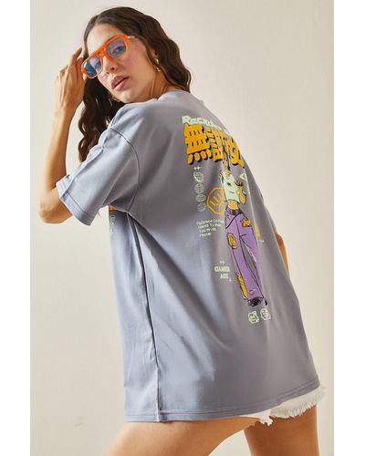 XHAN Es bedrucktes t-shirt mit rundhalsausschnitt -03 - Blau