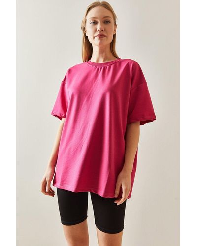 XHAN Fuchsia übergroßes basic-t-shirt -07 - Rot