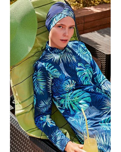 Marina Mit seil gebundener, marineer, vollständig bedeckter hijab-badeanzug mit blattmuster m2112 - Blau
