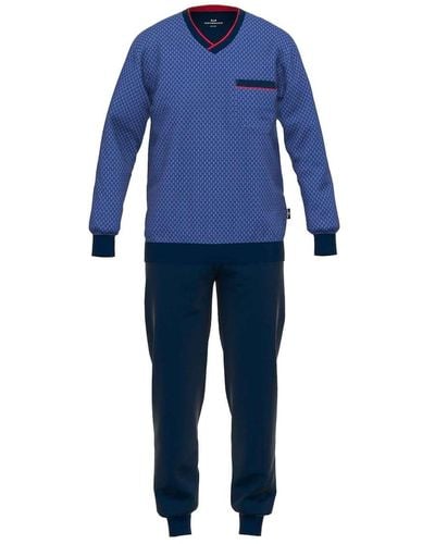 Götzburg Schlafanzug lang pyjama v-ausschnitt, reine baumwolle - Blau