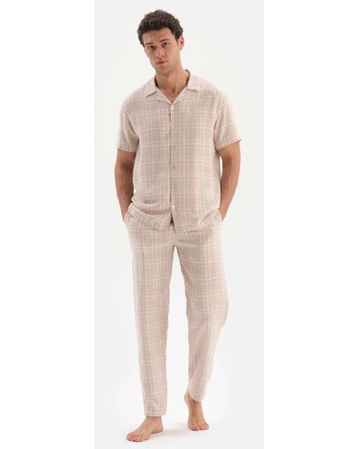 Dagi Farbenes, gewebtes pyjama-set mit hemdkragen und karomuster - Natur