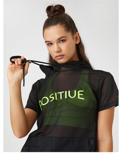 Koton Übergroßes sport-t-shirt aus mesh mit kapuze und kängurutasche - Schwarz