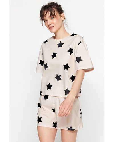 Trendyol Hell strick-pyjama-set mit t-shirt und shorts aus 100 % baumwolle mit sternmuster - Natur
