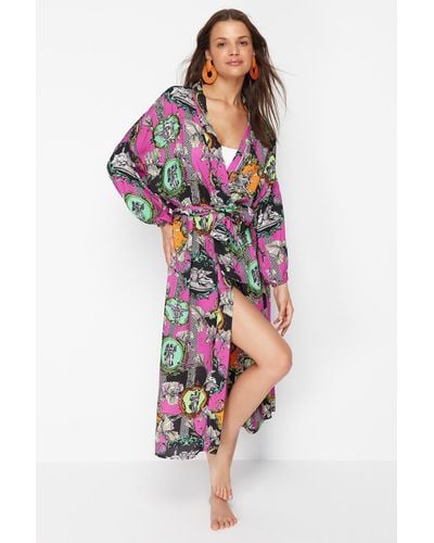 Trendyol Maxi-kimono und kaftan aus 100 % gewebter baumwolle mit abstraktem muster und gürtel - Mehrfarbig