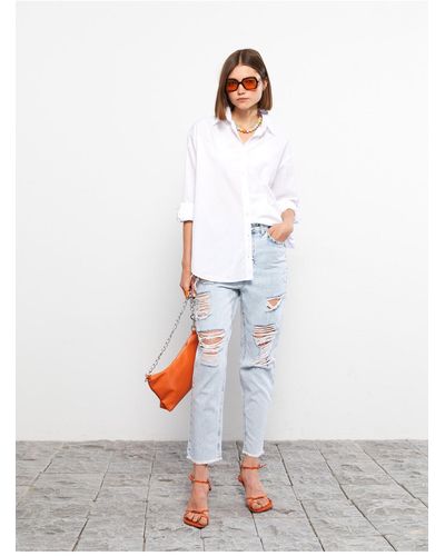 LC Waikiki Mom fit-jeanshose mit hoher taille und rissen im rodeo-stil - Weiß
