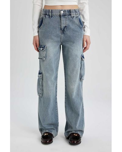Defacto Cargo-jeans mit weitem bein und hoher taille und weitem bein und langer jeans c3257ax24sp - Blau
