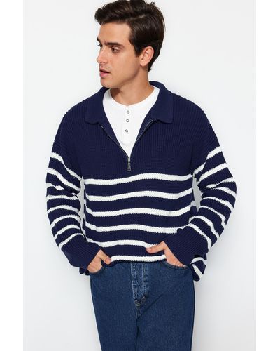 Trendyol Marineblauer oversize-pullover mit weitem polokragen und gestreiftem strickpullover