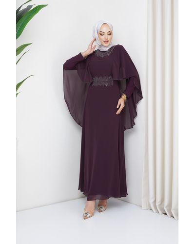 Olcay Stein- und cape-detailliertes chiffon-hijab-abendkleid dam - Lila