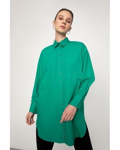 Defacto Langärmliges, gewebtes popeline-hemd mit normaler passform und tunika aus 100 % baumwolle - l/xl - Grün