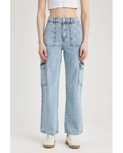 Defacto 90er-jahre-jeans mit weitem bein und cargotasche, 100 % baumwolle - Blau
