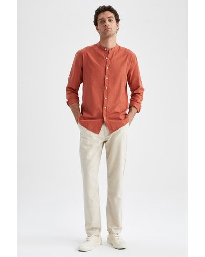 Defacto Langärmliges hemd aus leinenmischung mit moderner passform und kragen - Rot