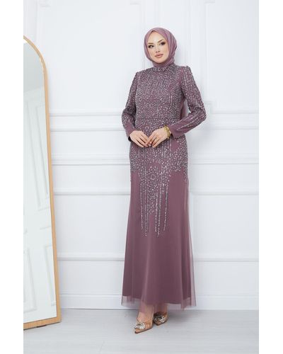 Olcay Perlen- und juwelenbesetztes hijab-abendkleid aus tüll dry rose - Lila