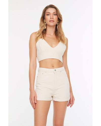 Trendyol Stone denim-shorts mit hoher taille - Weiß