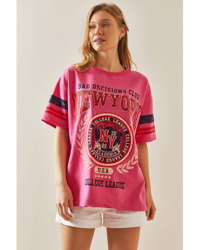 XHAN Fuchsia bedrucktes oversize-t-shirt mit rundhalsausschnitt -07 - Rot