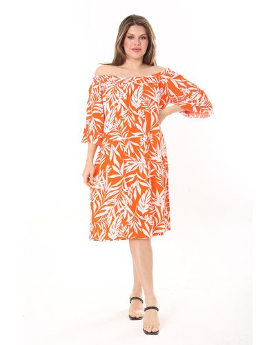 Şans Şans farbenes kleid aus gewebtem viskosestoff mit gummikragen und gummidetails in großen größen - Orange