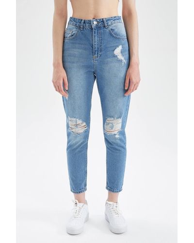 Defacto Lina washed mom fit jeans mit hoher taille aus 100 % baumwolle - Blau