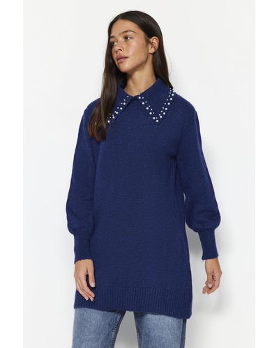 Trendyol Marineblauer babykragen-pullover aus weichem strick mit perlenmuster