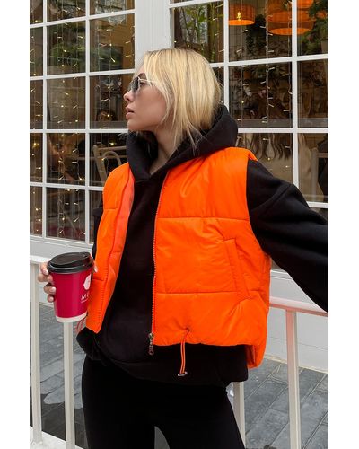 Trend Alaçatı Stili Farbene pufferweste mit stehkragen, doppeltasche, voller füllung, taillenverstellung, - Orange