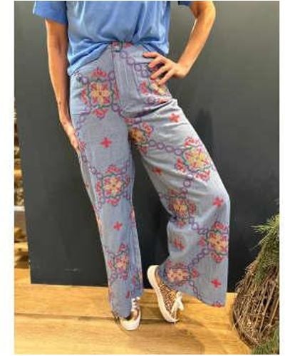 Not Shy Flares Embroidered Patch Pocket Trousers Size Small - Blue