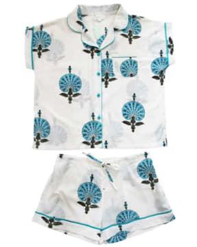 Powell Craft Ladies Shell Print Cotton Short Pyjama Set S/m - Blue
